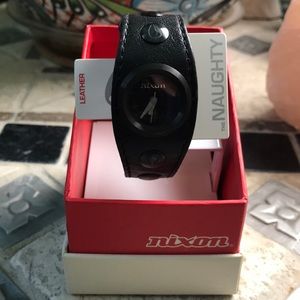 Nixon black leather wristwatch womens